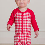 RUGGEDBUTTS Baby/Toddler Boy Swimsuit, One Piece Zipper Rash Guard Sunsuit with UPF 50+ Sun Protection - Vintage Red Gingham, 0-3m