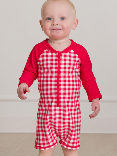 RUGGEDBUTTS Baby/Toddler Boy Swimsuit, One Piece Zipper Rash Guard Sunsuit with UPF 50+ Sun Protection - Vintage Red Gingham, 0-3m