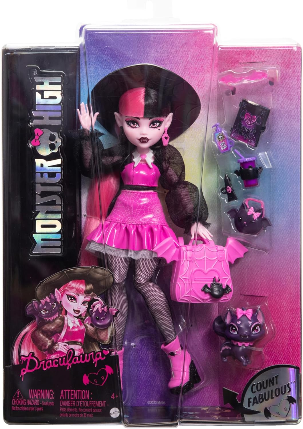 Monster High Draculaura Doll with Pet Bat-Cat Count Fabulous & Accessories Like Backpack, Spell Book, Bento Box & More