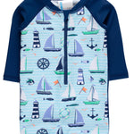 RUGGEDBUTTS Baby/Toddler Boy Swimsuit, One Piece Zipper Rash Guard Sunsuit with UPF 50+ Sun Protection - Blue Sweet Sails, 2T