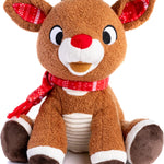 Plush reindeer toy with a red scarf on a white background
