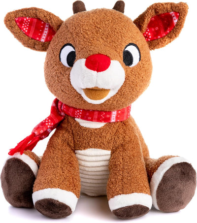 Plush reindeer toy with a red scarf on a white background