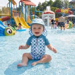 mlpeerw Baby Boy Girl Swimsuit One Piece Short Sleeve Rash Guard Zipper Swimwear Toddler Bathing Suit Infant Beach Outfits (Checkerboard-Blue, 3-6 Months)