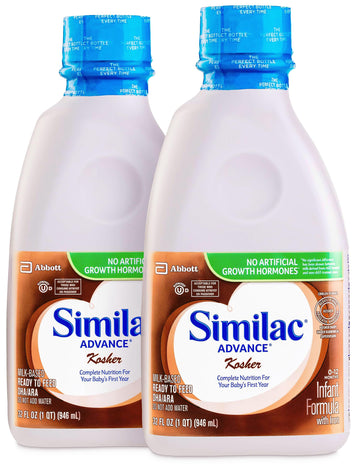 Two bottles of Similac Advance infant formula with blue caps on a white background