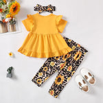 Kucnuzki 2T-3T Girls Clothes Toddler Outfit Cute Short Sleeve Yellow Ruffle Tops Shirt Floral Pants Set for 2-3 Years Old Soft Little Girl Outfit