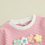 Amnnchya Newborn Baby Girl Romper 3D Flower Fall Winter Clothes Striped Waffle Bubble Sweatshirt Cute Coming Home Outfit (Pink, 12-18 Months)