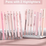 Four Candies Writing Ink Pens with Black & Pink Ink and 2Pack Highlighter, Cute Retractable 0.5mm Smooth Writing Pens,Pink Pens for School, Office Girly Stationery Aesthetic Desk Accessories Set of 14