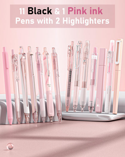 Four Candies Writing Ink Pens with Black & Pink Ink and 2Pack Highlighter, Cute Retractable 0.5mm Smooth Writing Pens,Pink Pens for School, Office Girly Stationery Aesthetic Desk Accessories Set of 14