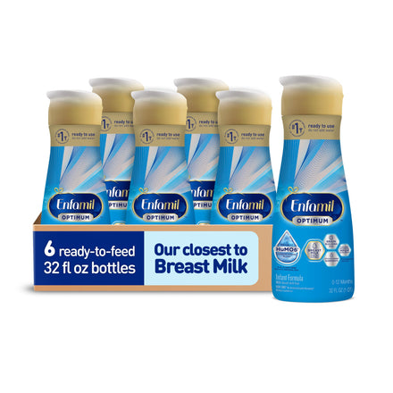 Enfamil Optimum baby formula bottles with packaging on a white background