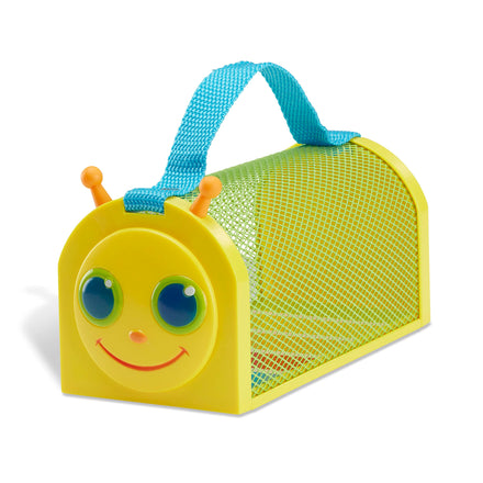 Yellow toy container with a face, blue handle, and orange antennas on a white background