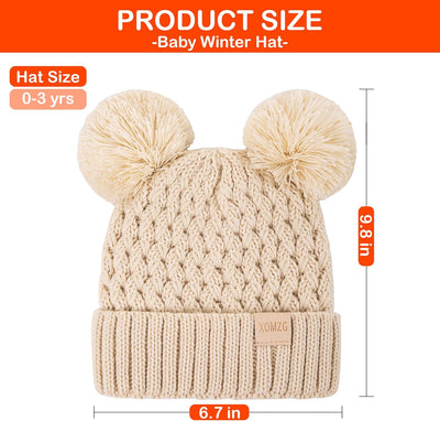 Toddler Winter Beanie Hat, Infant Winter Warm Knit Fleece Lined Cap for Girls Boys with Pom Pom for 0-36 Months 2 Packs