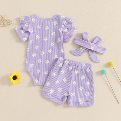 FOCUSNORM Newborn Infant Baby Girls Summer Outfit Ribbed Short Sleeve Romper + Floral Elastic Waist Shorts + Headband Sets (Flower Purple, 0-3 Months)
