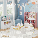 Fotosok 47'' Multifunctional Kids Bookcase with 5 Cubbies and 3 Movable Drawers, Display Stand, Toy Storage for Bedroom, Playroom, Hallway, Pink