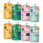 Multiple packages of Cerebelly baby food pouches on a white background