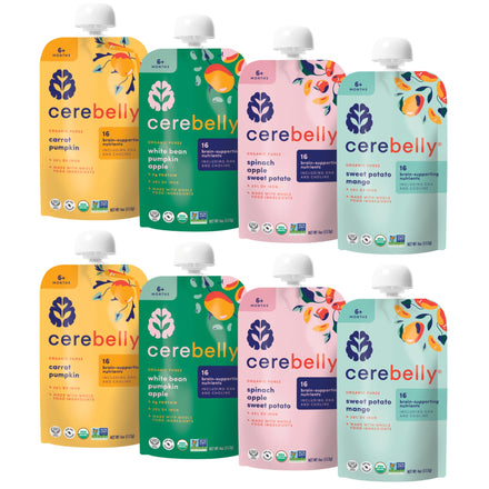 Multiple packages of Cerebelly baby food pouches on a white background