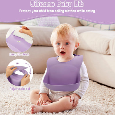 MIICASA Silicone Baby Feeding Set, Baby Led Weaning Supplies, Silicone Suction Plate, Bowl, Spoons, Fork, Waterproof Bib, Cup and Food Tableware, Eating Utensils Baby Feeding Essentials for 3+ Months