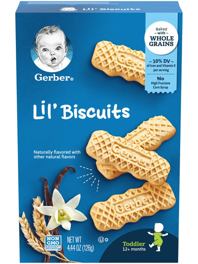Box of Gerber Lil' Biscuits with blue background and cookies on it