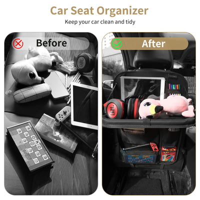 LUCMO Car Backseat Organizer with Tablet Holder,6 Storage Pockets Car Storage Organizer with Foldable Food Tray,Protectors Kick Mats Travel Accessories-Black