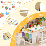 Callales Kids Art Table and 2 Chairs Set, Wooden Craft Desk with 2 Storage Shelves, 6 Storage Bins & Paper Roll for Drawing, Learning and Reading, Toddler Activity Play Desk for Home, 47 L x23 W