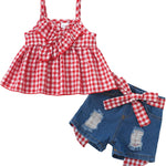 Kucnuzki Baby Girl Clothes Toddler Girl Summer Two Piece Outfit Kids Ruffle Sleeveless Plaid Tops Denim Jeans Shorts Set