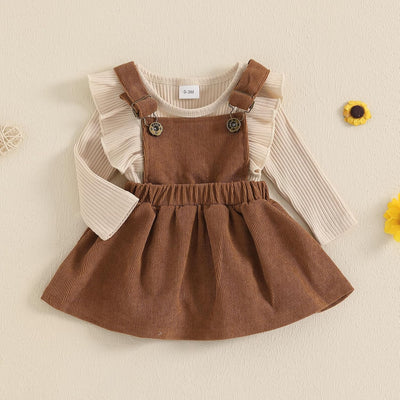 Newborn Baby Girl Outfits Ruffle Long Sleeve Ribbed Romper Corduroy Suspender Skirt Overall Dress Fall Clothes