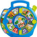 Children's educational toy with farm animal illustrations and a central window showing a child.