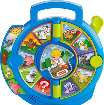 Children's educational toy with farm animal illustrations and a central window showing a child.