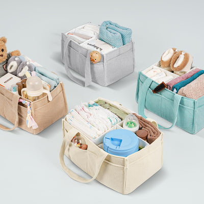 Baby Diaper Caddy Organizer - Portable Nursery Storage Basket for Newborn Essentials, Foldable Diaper Bag Organizer for Baby Shower Gifts and Registry Must-Haves, Car Organizer with Dividers (Beige)