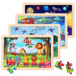 Wooden Educational Jigsaw Puzzles for Preschool Kids Ages 3-5, 4-Pack with 20 Pieces Dinosaur, Space, Transportation Wood Puzzles Set, Toddler Brain Teaser Toys, Gifts for Boys Girls Ages 3 4 5 6