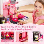 DRAMATION Kids Kitchen Playset, 27.1 Inches Play Kitchen with Sound and Light, Kitchen Set for Toddlers 1-3 3-5, Cooking Stove, Play Sink and Kitchen Accessories, Toy Kitchen (Pink)