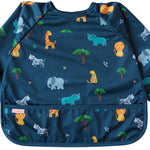 Blue children's bib with colorful animal pattern on a white background
