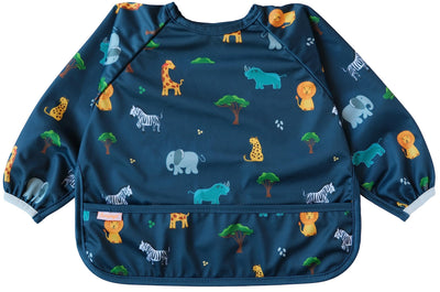 Blue children's bib with colorful animal pattern on a white background