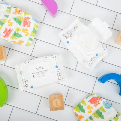 Nolla Baby Nose and Face Wipes with Saline, Vitamin E, & Aloe | Unscented | Compostable, 180 Count (6 Packs of 30)
