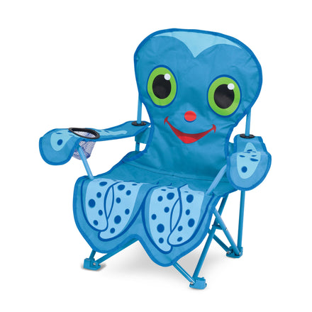 Blue cartoon-like chair with a smiling face on a white background