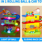 Funwee 2-in-1 Ball & Racing Car Ramp Toy for Toddlers, Race Track Hammer Rolling Lights Ball Drop, Interactive Montessori Learning Game Birthday Gift Idea for Kids 2 3 4 5+Year Old Girl Boy(Yellow)