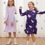 PATPAT Toddler Girl 2-Pack Long Sleeve A-line Dress Set Birthday & Magical Moments, Lavender Unicorn, 4-5 Years