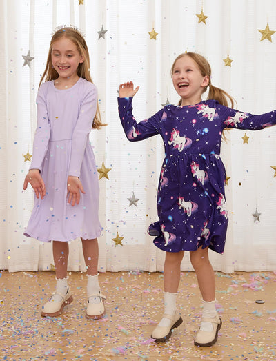 PATPAT Toddler Girl 2-Pack Long Sleeve A-line Dress Set Birthday & Magical Moments, Lavender Unicorn, 18-24M