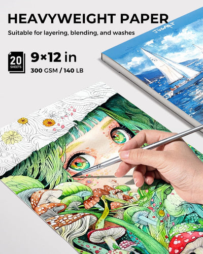 Jusart Watercolor Paper Pad 9"x12", 300gsm/140lb, Cold Press Water Color Paper, Acid-Free, for Wet & Dry Media, Watercolor, Gouache & Sketching, 20 Sheets, Perfect for Students and Artists