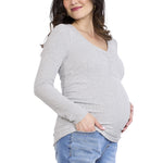 Motherhood Maternity Women's Long Sleeve V-Neck Side Ruched Henley Pregnancy Tee Shirt, Heather Grey, Medium