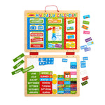 Children's wooden calendar with colorful magnetic tiles on a white background