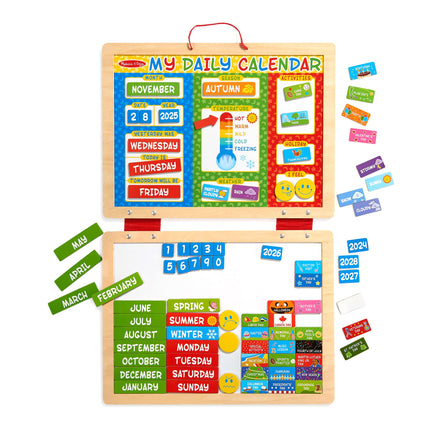 Children's wooden calendar with colorful magnetic tiles on a white background