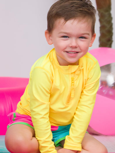 RUGGEDBUTTS® Baby/Toddler Boys Long Sleeve Rash Guard Swim Shirt w/UPF 50+ - Neon Yellow, 5