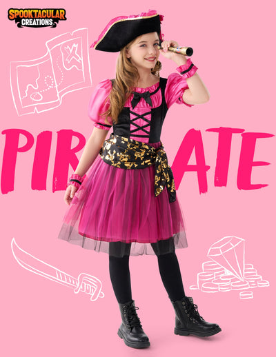 Spooktacular Creations Halloween Costumes for Girls, Kids Pirate Costume, Magenta Pirate Dress for Toddler Girls Halloween Princess Role Play Parties(Medium(8-10 yrs))