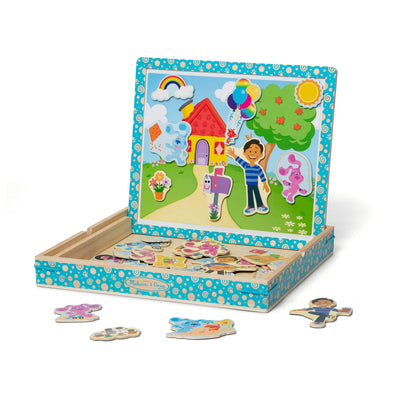 Children's wooden puzzle with colorful illustrations and magnetic pieces on a white background
