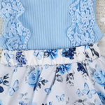KAFIREN Baby Girl Clothes 3-6 Months Newborn Romper Dress Infant Lace Ruffle Sleeveless Summer Outfits with Headband Blue Flower 3-6 Months 80cm