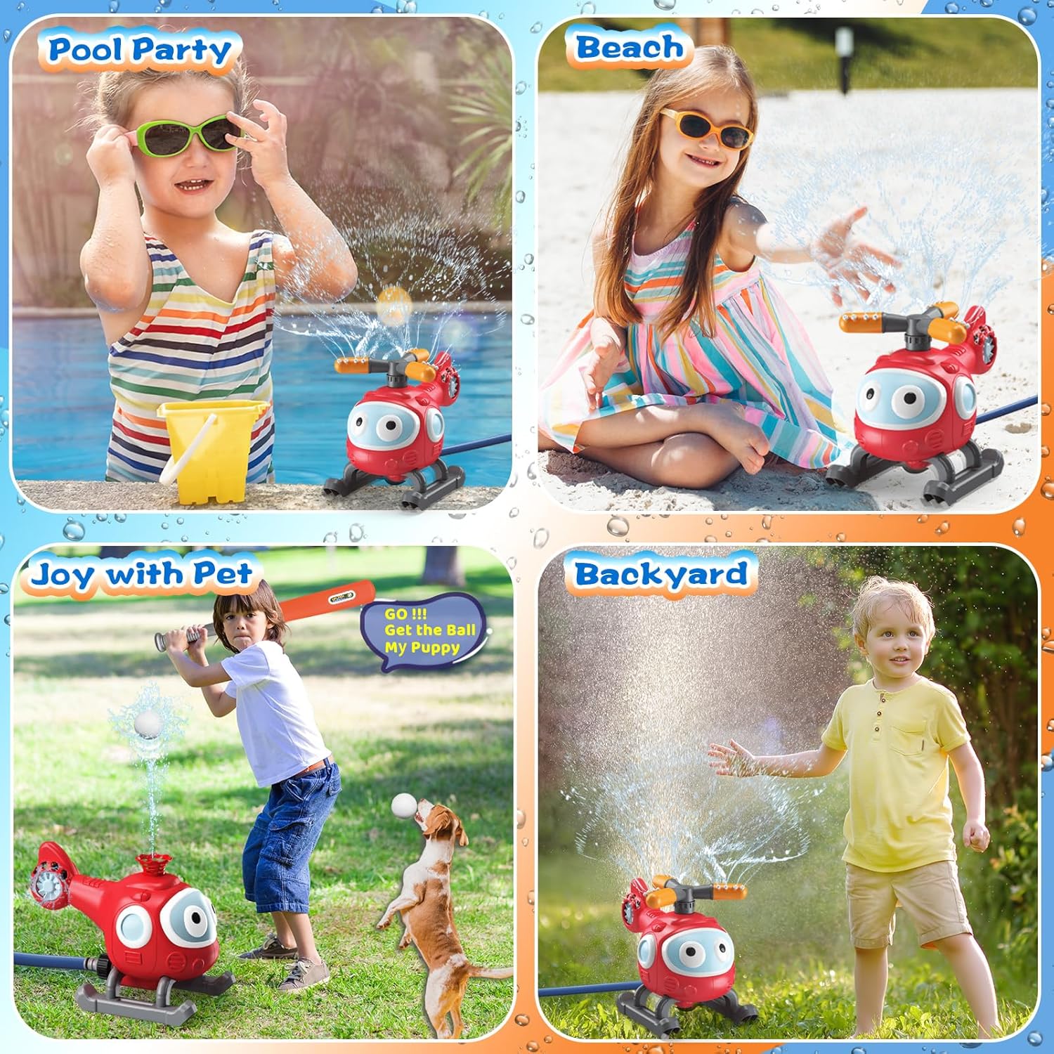 Water Sprinkler Baseball Toy for Kids, 2 in 1 Helicopter Water Sprinkler T Ball Set with 2 Spray Modes, Summer Outdoor Water Spray Toys for Toddlers Yard, Ages 3+