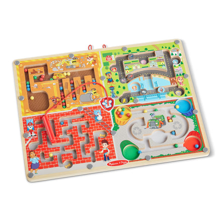Colorful wooden activity mat with various designs and shapes on a white background