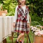 PATPAT Girls Fall Dress Set – Long Sleeve Knit Dress with Red Plaid Shacket – Kindergarten Outfit for Holiday Photos, 5–6 Years
