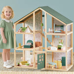 Tiny Land Wooden Dollhouse for Girls - 6 Rooms Wooden Doll House, DIY Pretend Doll House with 31Pcs Furniture Accessories, Creative Gift for Girl Ages 3+