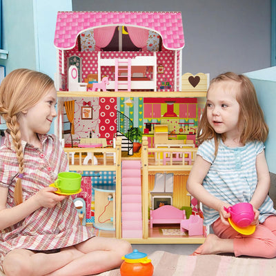 Costzon Doll House, Wooden Dollhouse with 15 PCS Furniture Accessories, Cottage Uptown Dollhouse for Kids, Toddlers, Playroom, Nursery, Gift for Girls & Boys 3+
